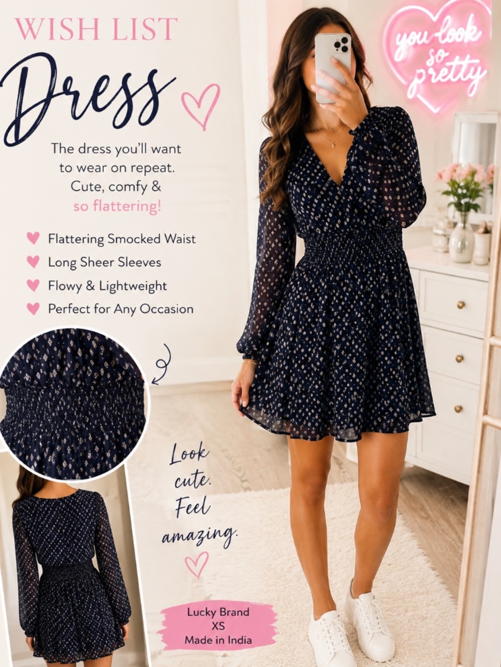 Lucky Brand Navy Print Smocked Waist Long Sleeve Dress XS Boho